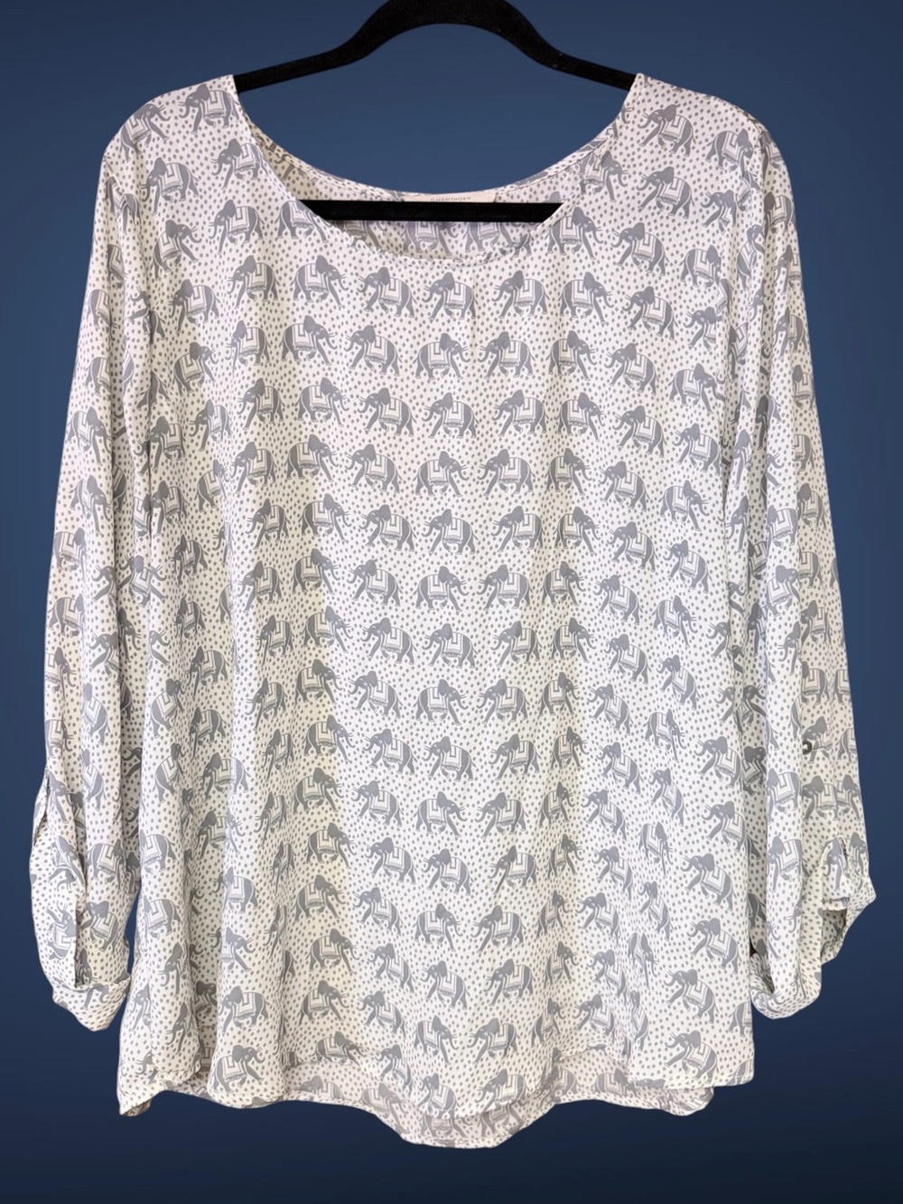41 Hawthorn Cream & Gray Elephant Print Scoop Neck 3/4 Sleeve Chiffon Blouse 2XL